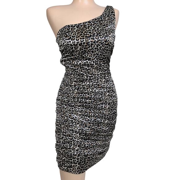 VTG Fredericks Hollywood Leopard Print Dress Medium Ruched Bodycon One Shoulder - Picture 1 of 8